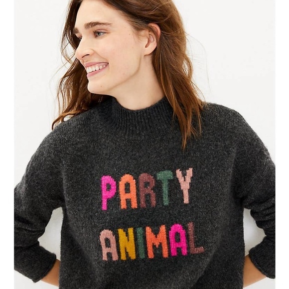 NWT Lou & Grey Party Animal Graphic Sweater Charcoal Gray Rainbow Pullover Small - Picture 2 of 10